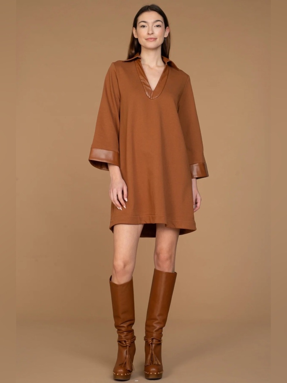 Olivia James The Label Taylor Dress Chocolate Knit Faux Leather Trim Bell Sleeve